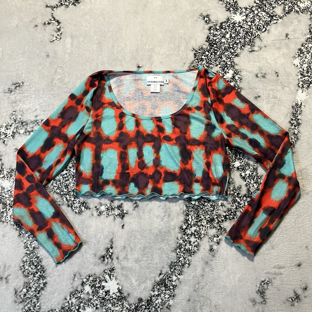 Annorlunda Womens Size 12 Abstract Sheer Mesh Long Sleeve Crop Top Y2K